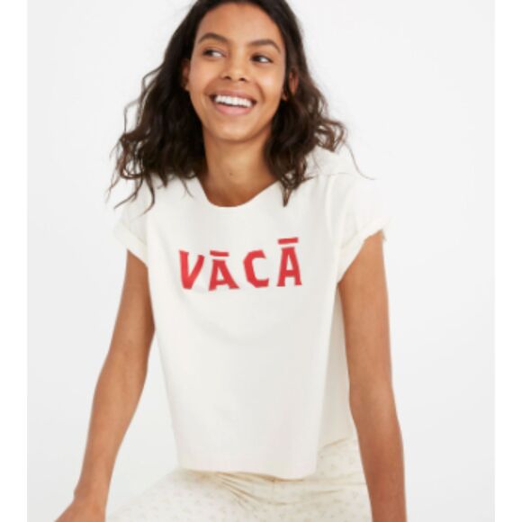 Madewell Cream Lipstick Red Vaca Graphic Setlist Boxy Tee Size Medium - Picture 7 of 7